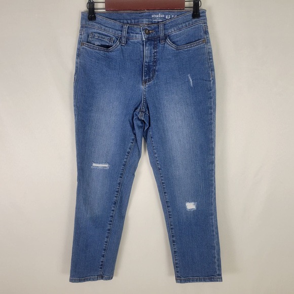 Studio Womens Jeans 2 Petite‎ High Rise Slim Straight Leg Distressed Blue Denim - Picture 1 of 16